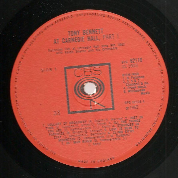 Tony Bennett With Ralph Sharon And His Orchestra - Tony Bennett At Carnegie Hall, Part I (LP, Mono)