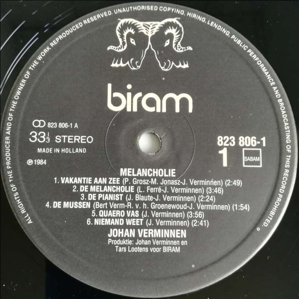 Johan Verminnen · Tars Lootens - Melancholie (LP, Album)