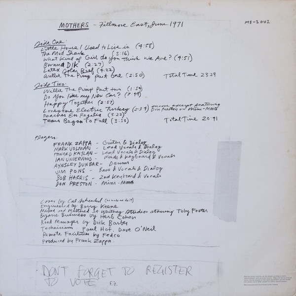 The Mothers - Fillmore East - June 1971 (LP, Album, RE)