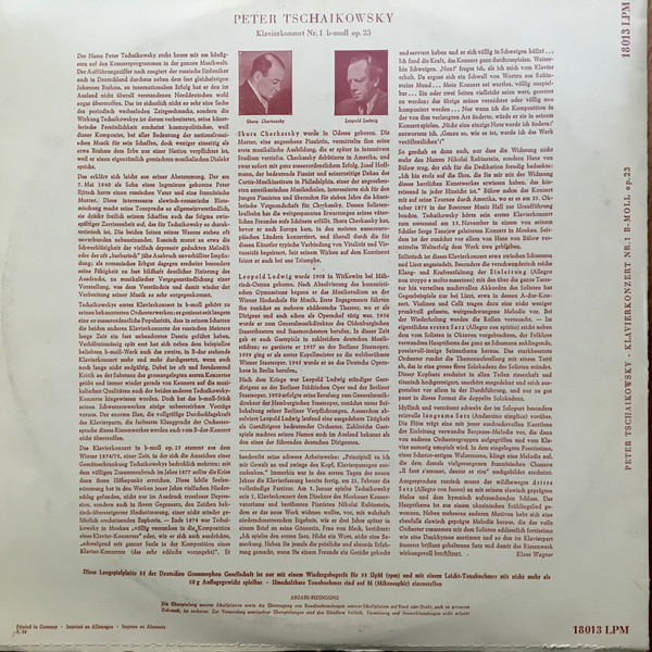 Peter Tschaikowsky*, Shura Cherkassky, Berliner Philharmoniker, Leopold Ludwig - Konzert Für Klavier Und Orchester Nr. 1 B-Moll Op. 23 (LP, Mono, Sti)