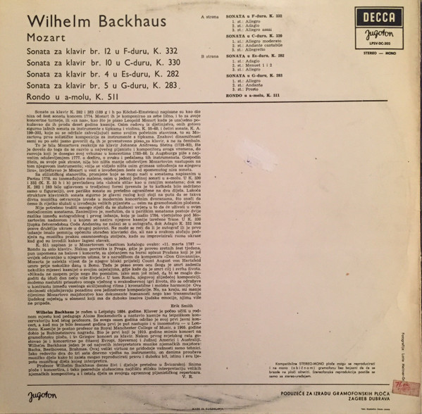 Wilhelm Backhaus, Mozart* - Sonate K.282, 283, 330, 332, Rondo K. 511 (LP)