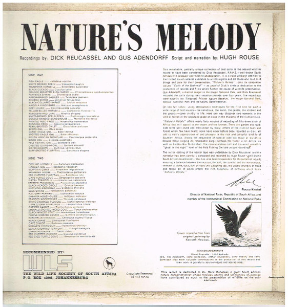 Dick Reucassel And Gus Adendorff - Nature's Melody; Superb Stereo Recordings Of 53 Birds Of Africa (LP)