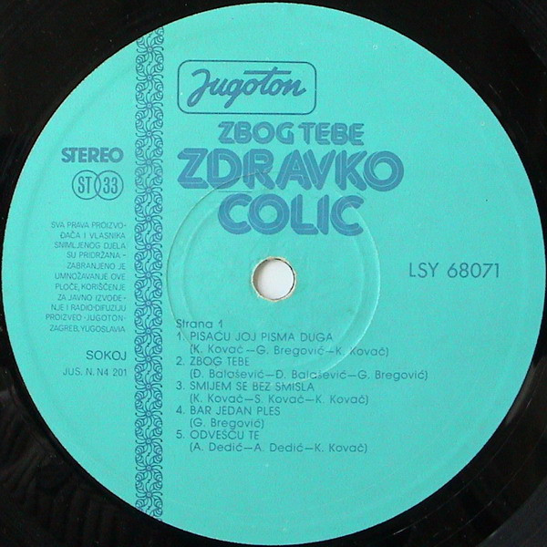 Zdravko Čolić - Zbog Tebe (LP, Album, Lig)