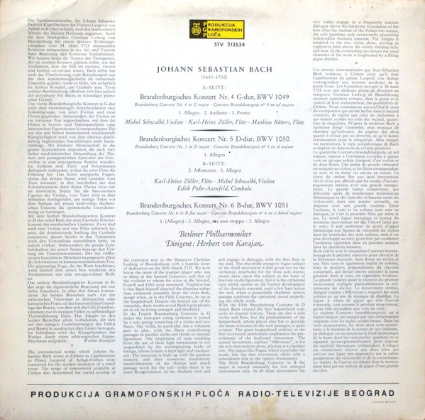 Johann Sebastian Bach - Herbert Von Karajan, Berliner Philharmoniker - Brandenburgische Konzerte Nr. 4, 5 & 6 (LP)