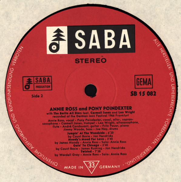 Annie Ross & Pony Poindexter With The Berlin All Stars Feat. Carmell Jones And Leo Wright - Recorded At The Tenth German Jazz Festival In Frankfurt (LP, Album)