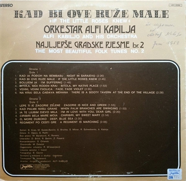 Orkestar Alfi Kabilja* - Kad Bi Ove Ruže Male - Najljepše Gradske Pjesme Br.2 (LP, Album, RE)
