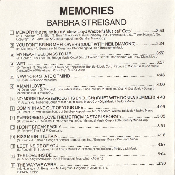 Barbra Streisand - Memories (CD, Comp, RE)