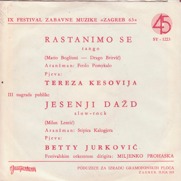 Tereza Kesovija / Betty Jurković* - Rastanimo Se / Jesenji Dažd (Zagreb 63) (7