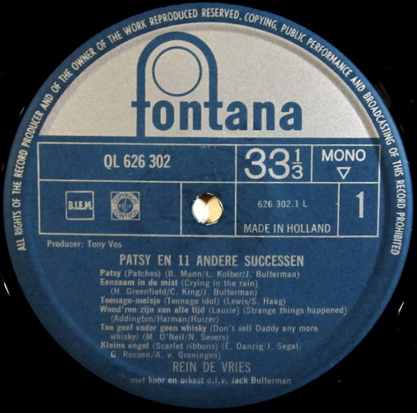 Rein De Vries (2) - Patsy En 11 Andere Successen (LP, Album, Mono)