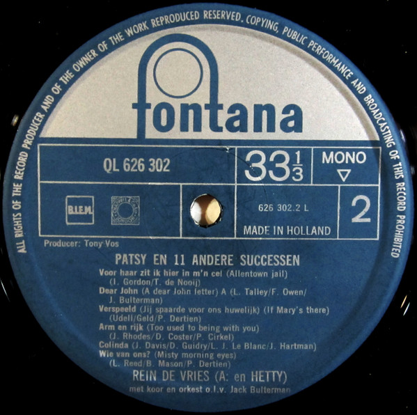 Rein De Vries (2) - Patsy En 11 Andere Successen (LP, Album, Mono)