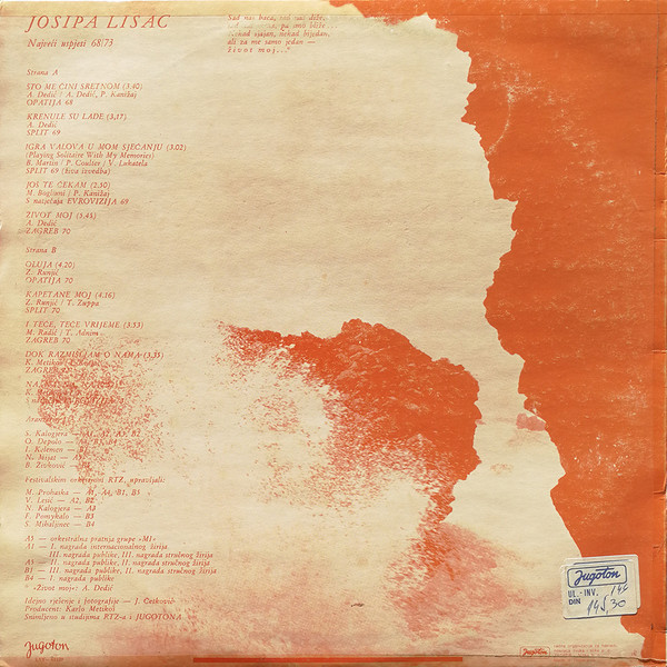 Josipa Lisac - Najveći Uspjesi 68/73 (LP, Comp, RP, Bla)