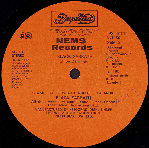 Black Sabbath - Live At Last (LP, Album)