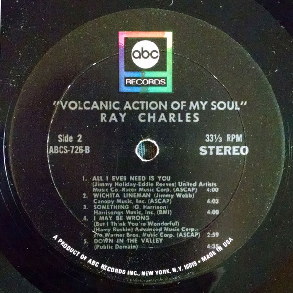 Ray Charles - Volcanic Action Of My Soul (LP, Album, Mon)