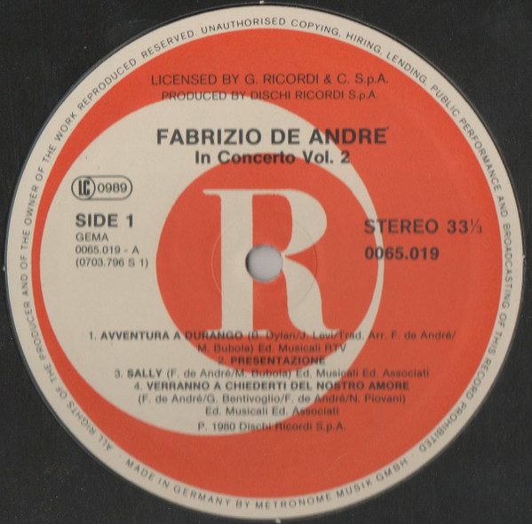 Fabrizio De Andre'* - In Concerto Vol. 2 (LP, Album)
