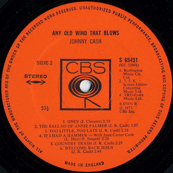 Johnny Cash - Any Old Wind That Blows (LP, Album)