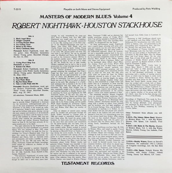 Robert Nighthawk With Johnny Young (3), John Wrencher* - Houston Stackhouse With Robert Nighthawk, Peck Curtis* - Masters Of Modern Blues Volume 4 (LP, Comp, Mono, RE, RP)