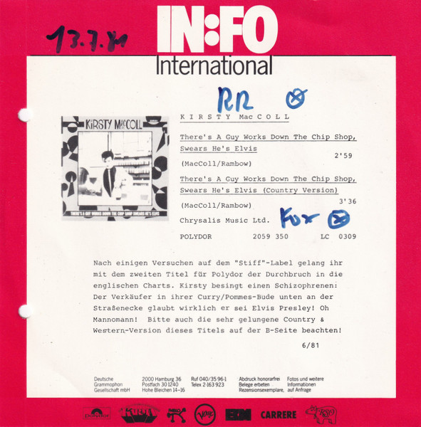 Kirsty MacColl - There's A Guy Works Down The Chip Shop Swears He's Elvis (7