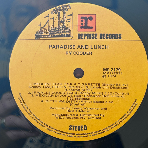 Ry Cooder - Paradise And Lunch (LP, Album)
