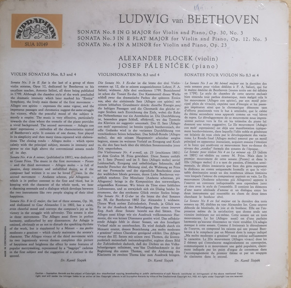 Beethoven*, Alexandr Plocek, Josef Páleníček - Violin Sonatas Nos.8,3 And 4 (LP, Album)