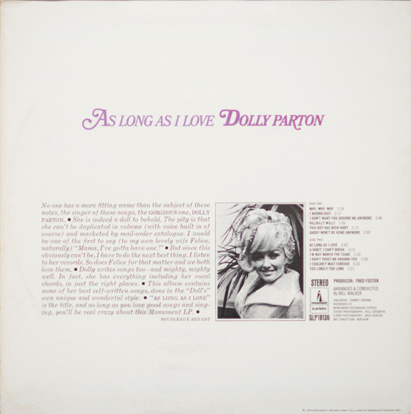 Dolly Parton - As Long As I Love (LP, Album, RP, Bro)