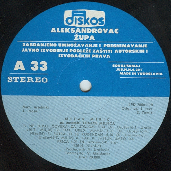 Mitar Mirić uz Ansambl Tomice Miljića - Ne Diraj Čoveka Za Stolom (LP, Album)