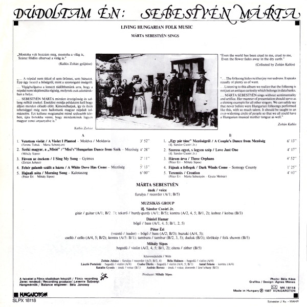 MÃ¡rta SebestyÃ©n, MuzsikÃ¡s - DÃºdoltam Ã‰n: SebestyÃ©n MÃ¡rta / MÃ¡rta SebestyÃ©n Sings (LP, Album)