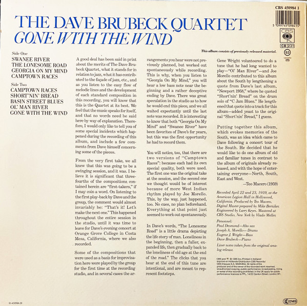 The Dave Brubeck Quartet - Gone With The Wind (LP, Album, Mono, RE, RM)