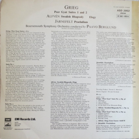 Grieg* / Alfvén* / Jarnefelt*, Bournemouth Symphony Orchestra, Paavo Berglund - Peer Gynt Suites 1 & 2 / Swedish Rhapsody No. 1 (Midsummer Watch) / Elegy From Gustav Adolf II / Praeludium (LP)