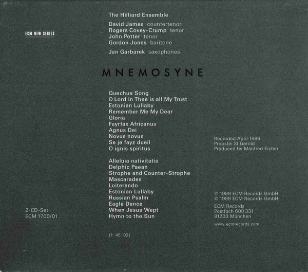 Jan Garbarek / The Hilliard Ensemble - Mnemosyne (2xCD, Album)
