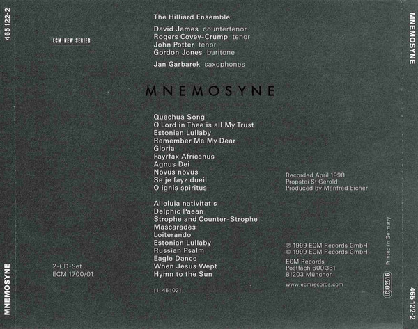Jan Garbarek / The Hilliard Ensemble - Mnemosyne (2xCD, Album)