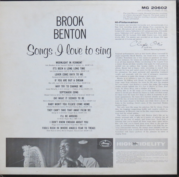 Brook Benton - Songs I Love To Sing (LP, Album, Mono, 1st)