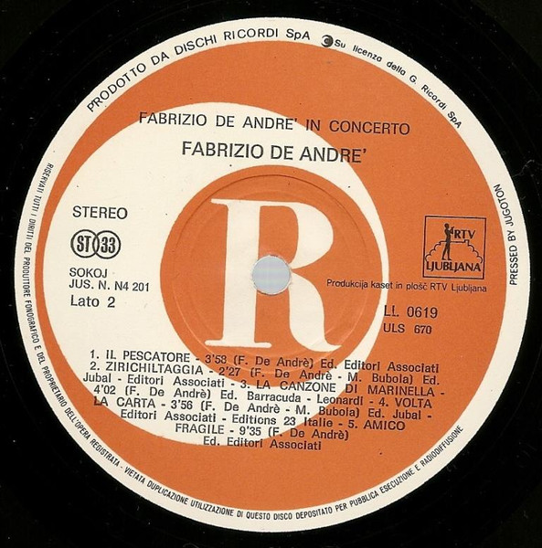 Fabrizio De AndrÃ© - Fabrizio De AndrÃ© In Concerto (LP, Album, Gat)