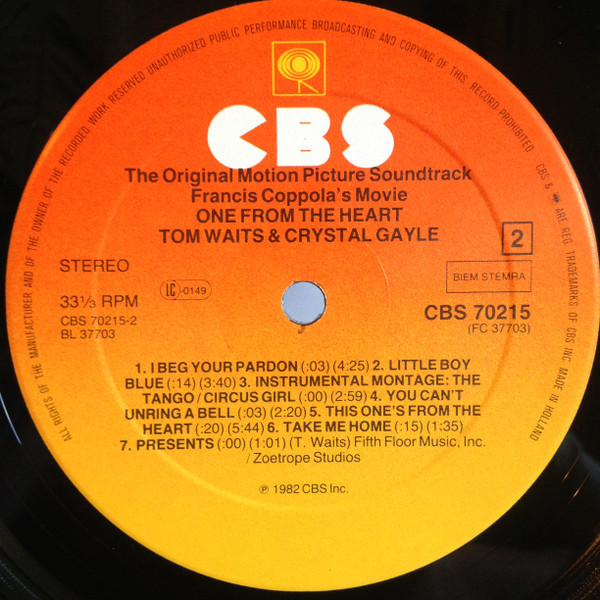 Tom Waits And Crystal Gayle - One From The Heart - The Original Motion Picture Soundtrack Of Francis Coppola's Movie (LP, Album)
