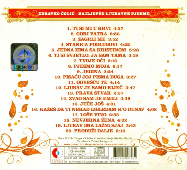 Zdravko Čolić - Najljepše Ljubavne Pjesme (CD, Comp)