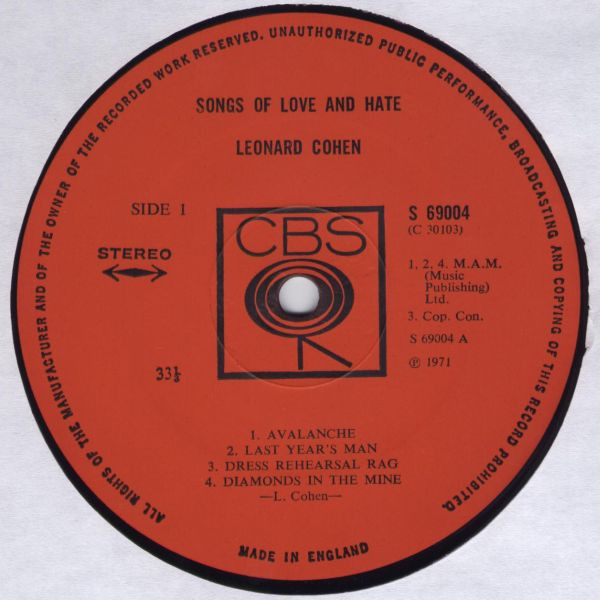 Leonard Cohen - Songs Of Love And Hate (LP, Album)