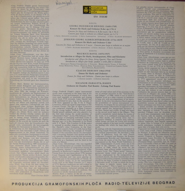 Nicanor Zabaleta - Ravel* / Debussy* / Händel* / Albrechtsberger* / Orchestre De Chambre Paul Kuentz, Paul Kuentz - Werke Für Harfe Und Orchester (LP)