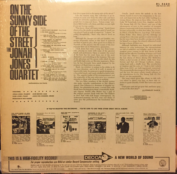 The Jonah Jones Quartet - On The Sunny Side Of The Street (LP, Album, Mono)