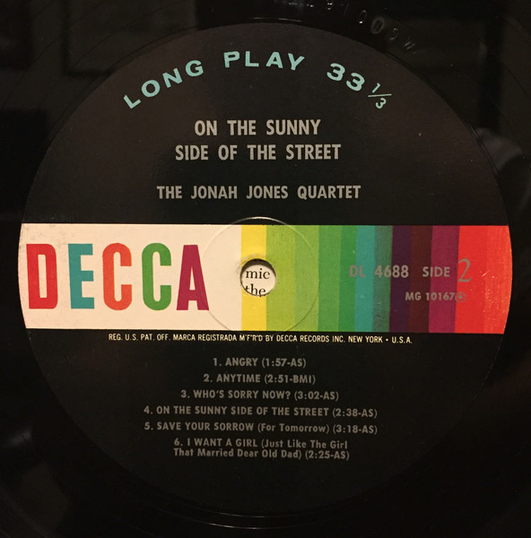 The Jonah Jones Quartet - On The Sunny Side Of The Street (LP, Album, Mono)