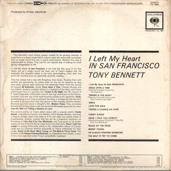 Tony Bennett - I Left My Heart In San Francisco (LP, Album, RP, 360)
