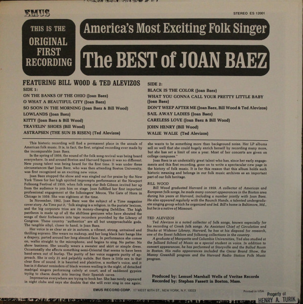 Joan Baez Featuring Bill Wood (5) & Ted Alevizos - The Best Of Joan Baez (LP, Album, RE)