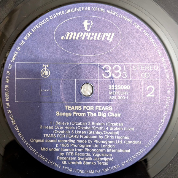 Tears For Fears - Songs From The Big Chair (LP, Album)