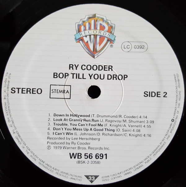 Ry Cooder - Bop Till You Drop (LP, Album, RE)