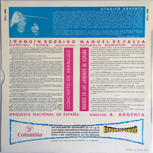 Joaquin Rodrigo*, Narciso Yepes, Manuel de Falla, Gonzalo Soriano, Orquesta Nacional de España Director Ataulfo Argenta* - Concierto De Aranjuez / Noches En Los Jardines De España (LP, RP)
