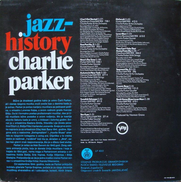 Charlie Parker - Jazz-History (LP, Comp, RE, RP)